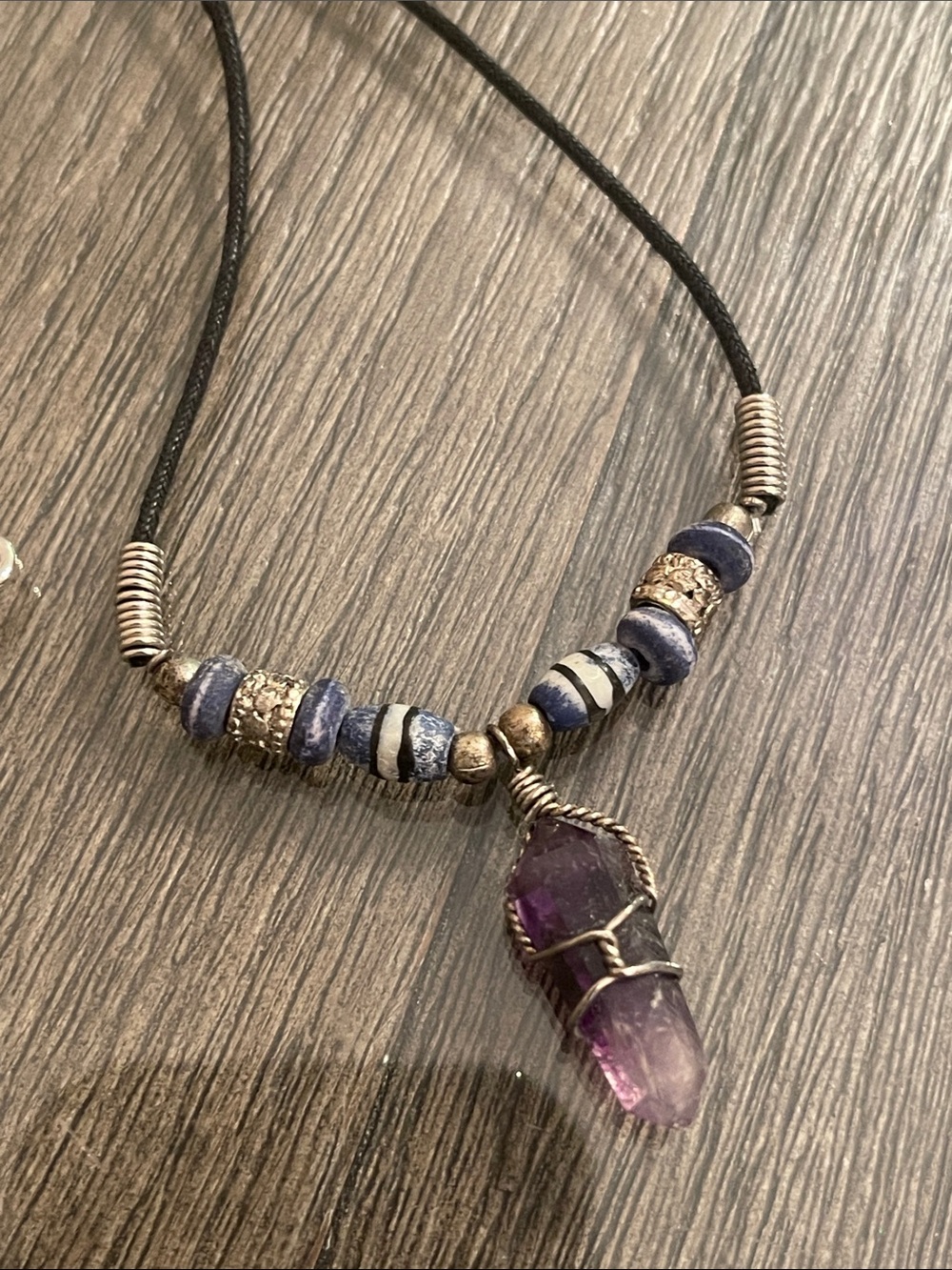 Vintage 1990’s Style Wire Wrapped Amethyst Crystal Black Cord Necklace - Picture 2 of 15